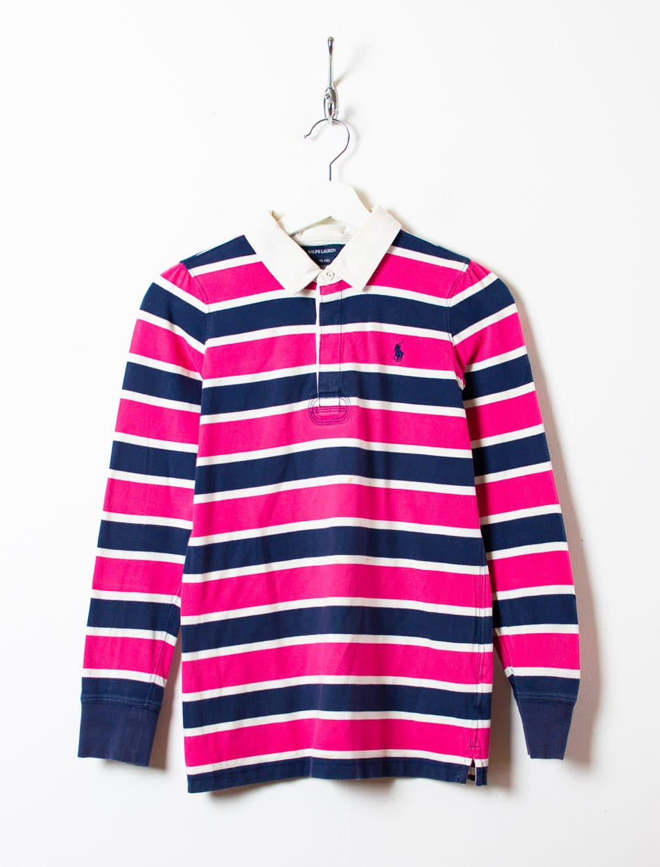 Pink Polo Ralph Lauren Striped Rugby Shirt - Medium Women's