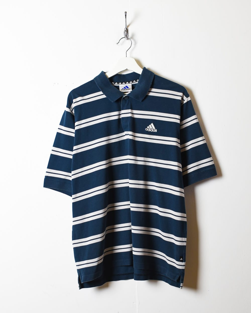 Navy Adidas Striped Polo Shirt - Large