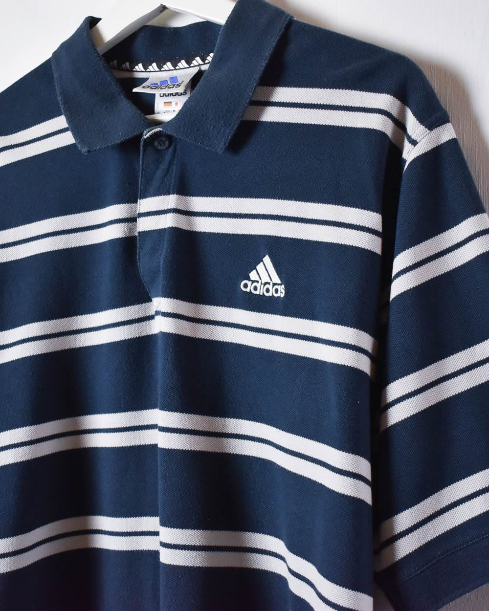 Navy Adidas Striped Polo Shirt - Large