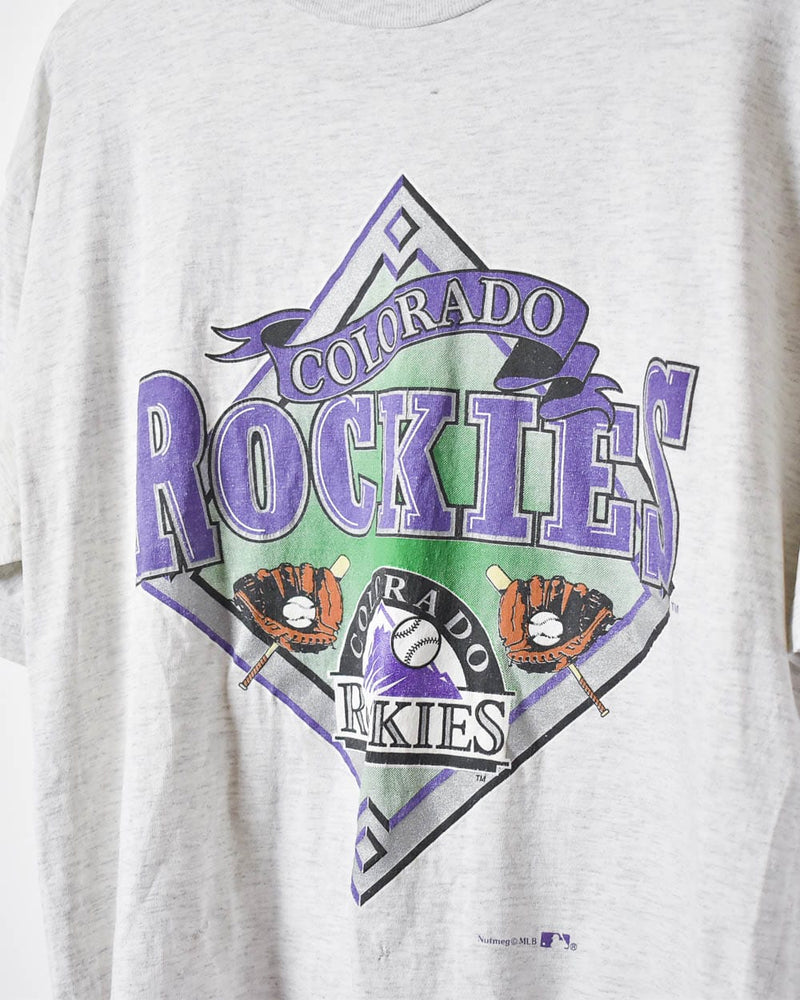 VTG Nutmeg Colorado Rockies Purple 90s MLB Jersey Print USA T Shirt