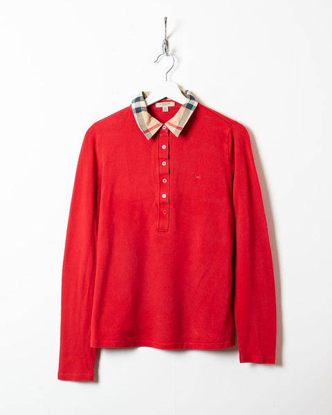 Vintage 00s Red Burberry Checked Collar Long Sleeved Polo Shirt Medium Women s Cotton Domno Vintage