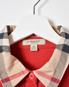 Red Burberry Checked Collar Long Sleeved Polo Shirt - Medium Women's