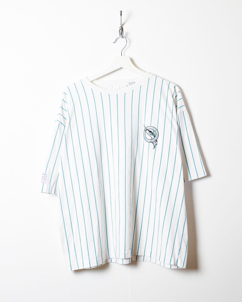 White MLB Florida Marlins Striped Single Stitch T-Shirt - Large