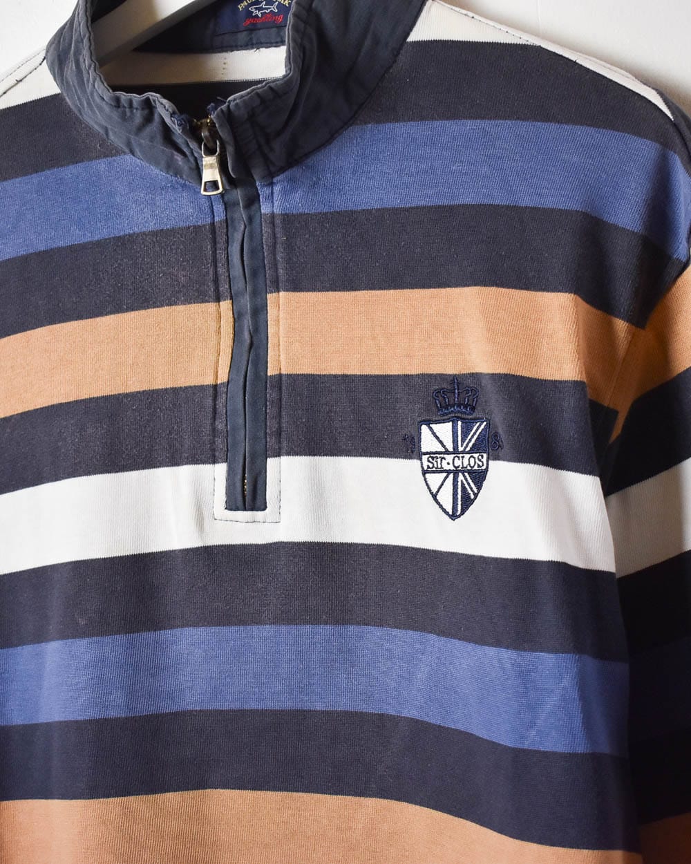 Navy Paul & Shark Striped 1/4 Zip Sweatshirt - Large