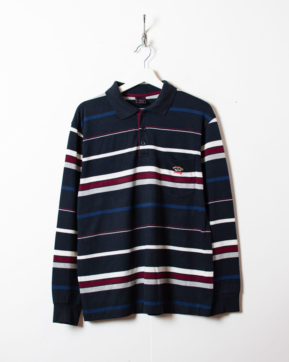 Navy Paul & Shark Striped Collared Knitted Sweatshirt - Large