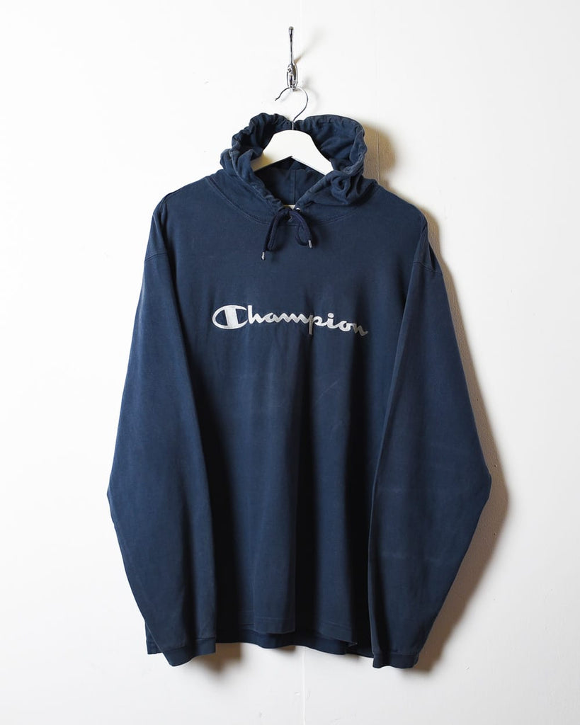 Vintage 00s Navy Champion Hooded Long Sleeved T-Shirt - X-Large