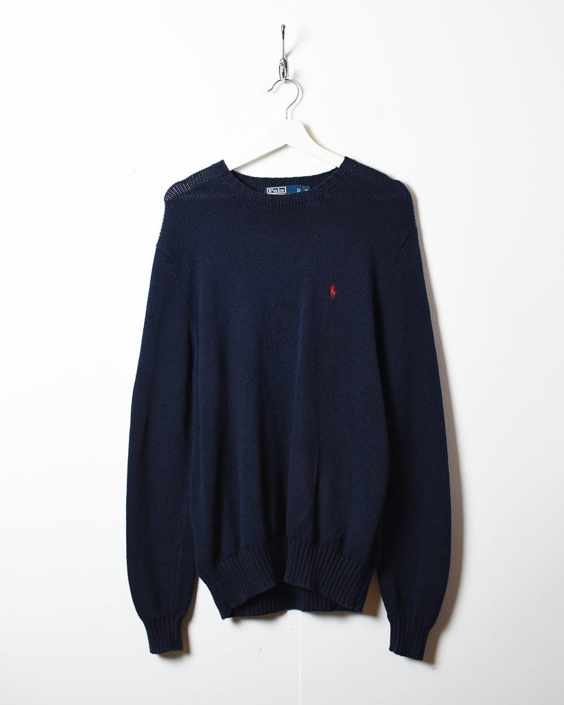 Vintage 90s Navy Polo Ralph Lauren Knitted Sweatshirt - Large