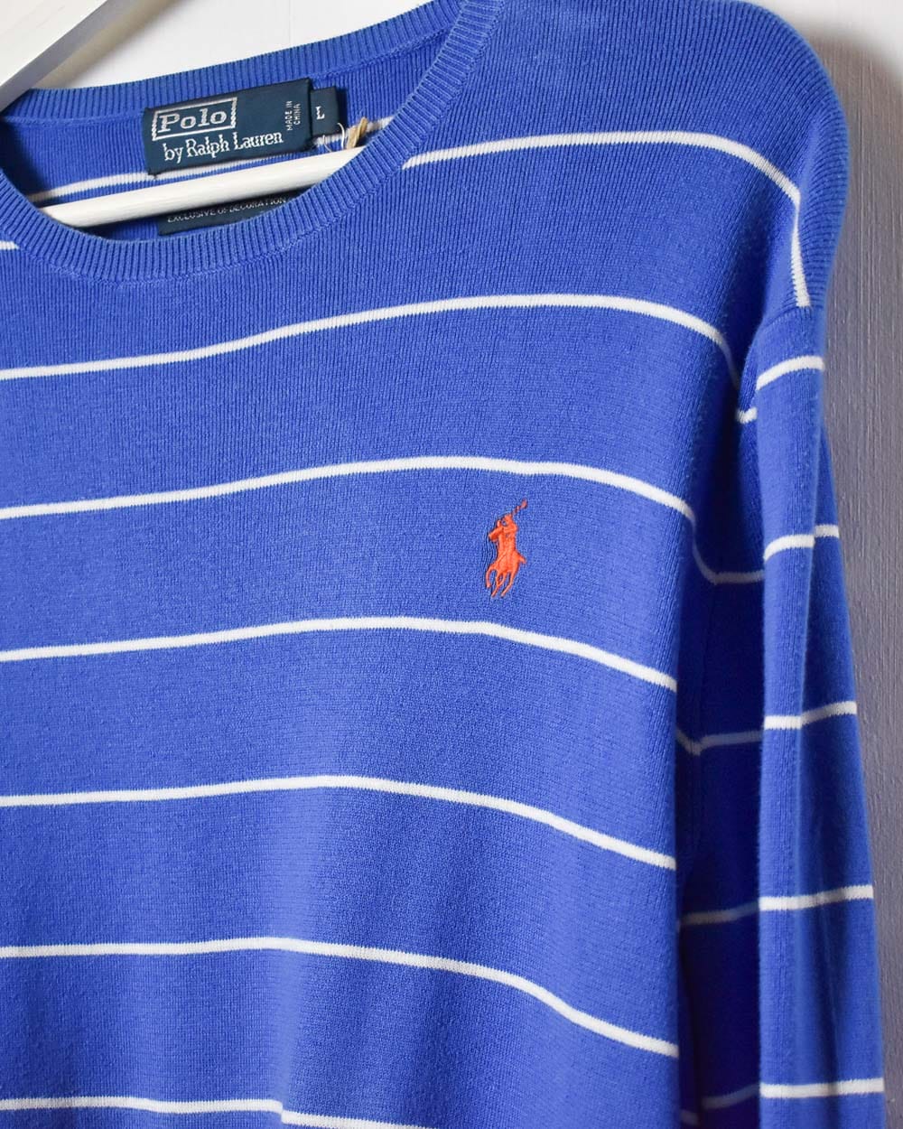 Vintage 90s Blue Polo Ralph Lauren Knitted Striped Sweatshirt - Small Cotton  – Domno Vintage
