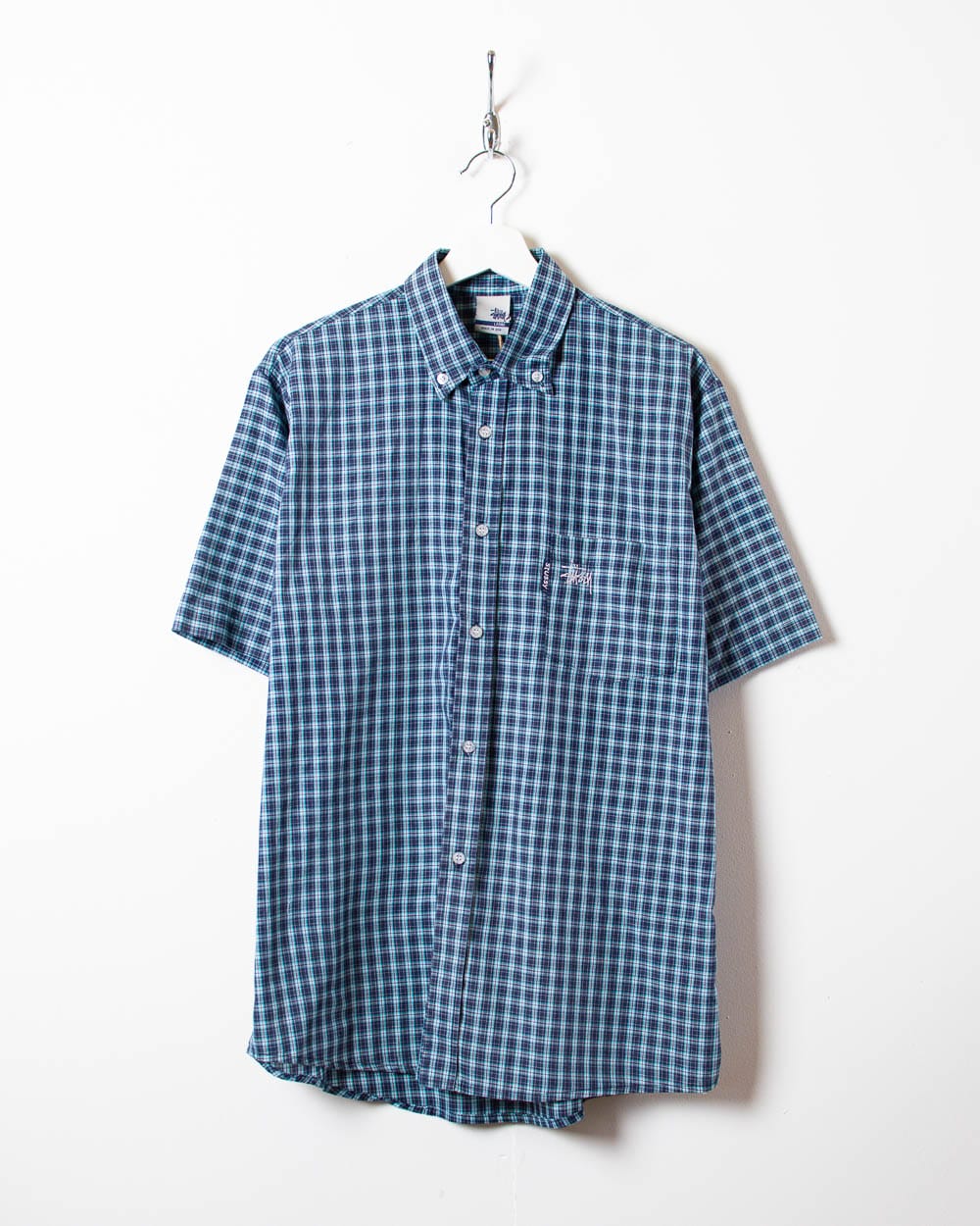Vintage 90s Blue Stussy Checked Short Sleeved Shirt - X-Large 