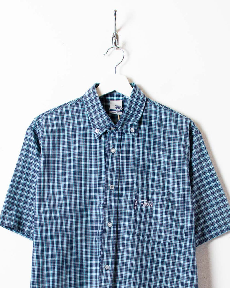 Vintage 90s Blue Stussy Checked Short Sleeved Shirt - X-Large