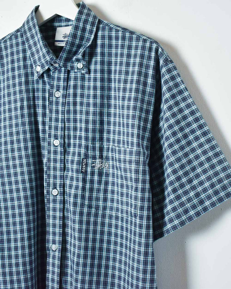 Vintage 90s Blue Stussy Checked Short Sleeved Shirt - X-Large