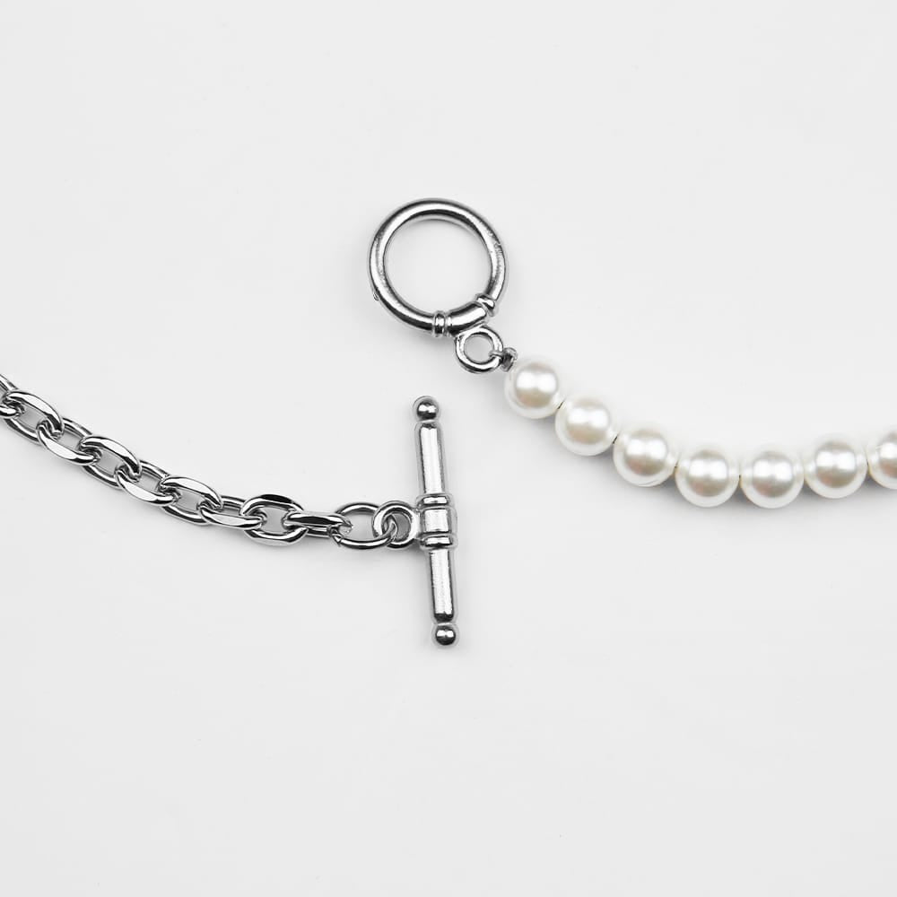 Half Cast Chain & Half T-bar Necklace Shell Pearl T-Bar Necklace