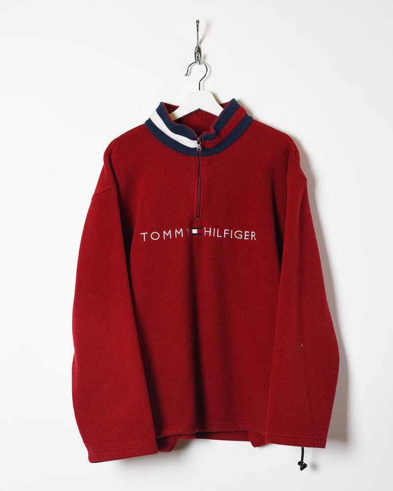 Vintage 00s Red Tommy Hilfiger 1/4 Zip Fleece - Large Polyester