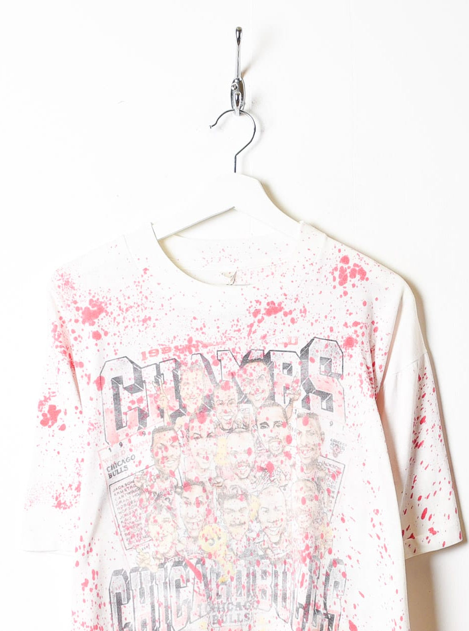 White NBA Chicago Bulls Champs '91 Paint Splattered Single Stitch T-Shirt - Large