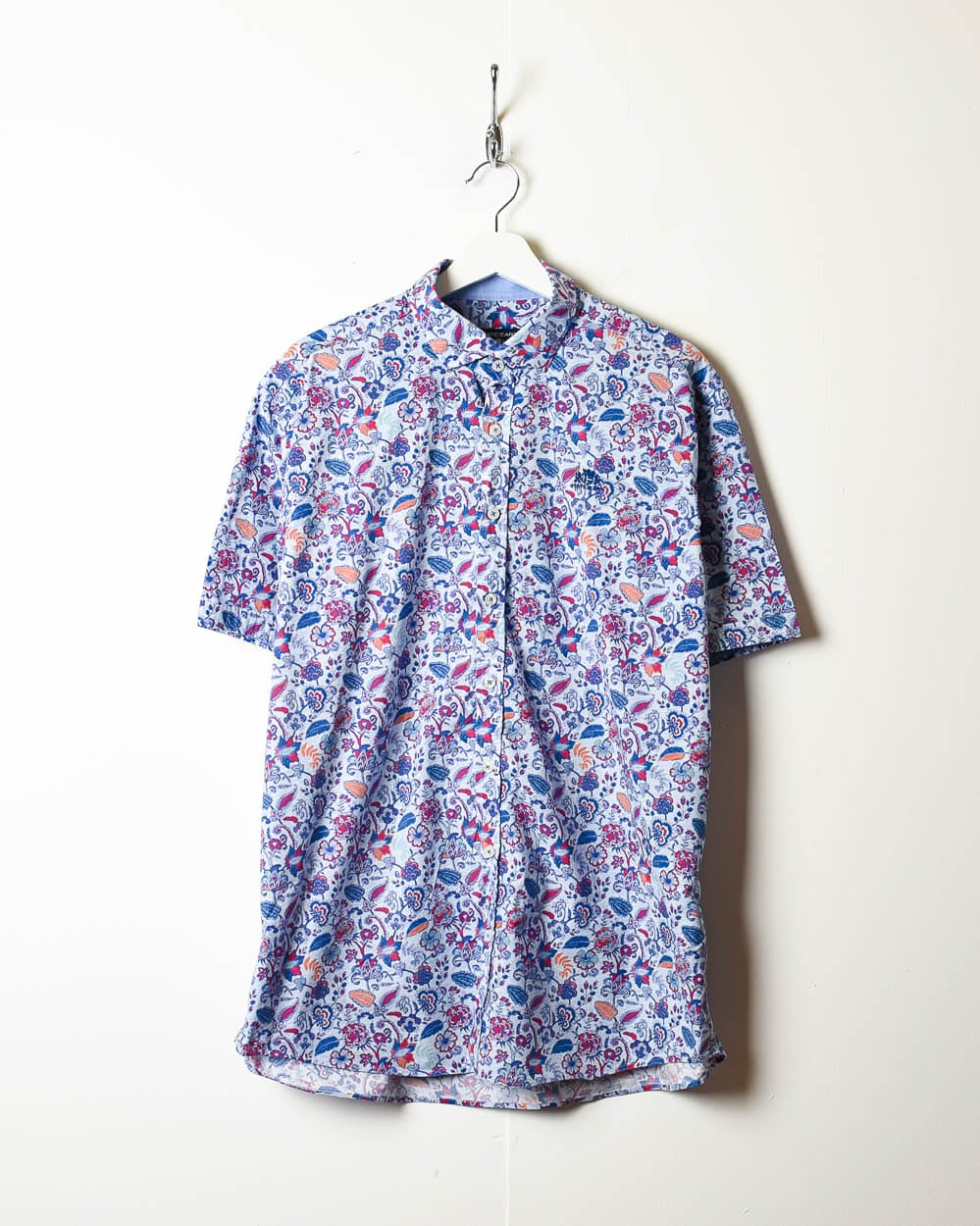 Blue Patterned All-Over Print Short Sleeved Shirt - X-Large