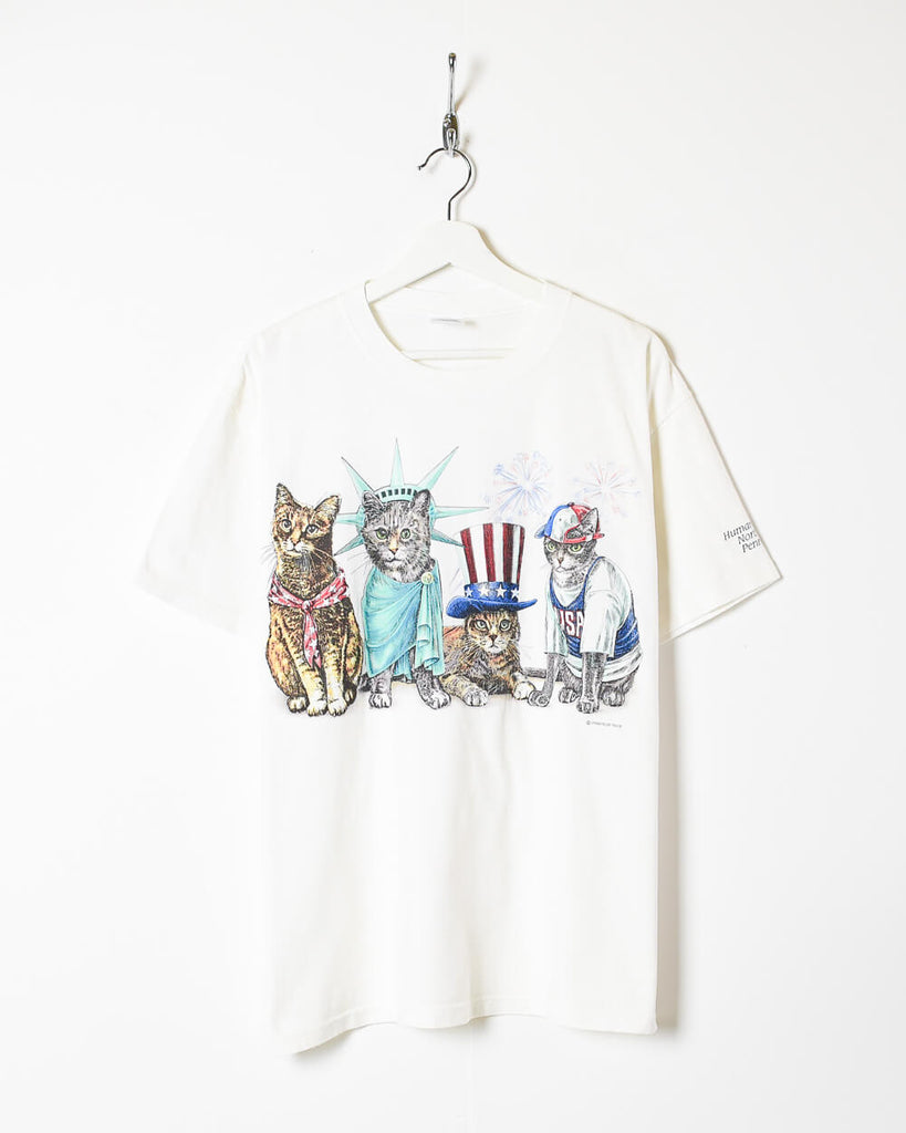 Vintage 00s Cotton White Patriotic Cats Graphic T-Shirt