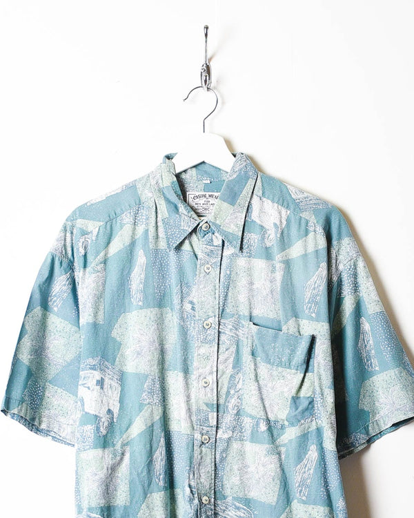 Blue Patterned All-Over Print Short Sleeved Shirt - Large