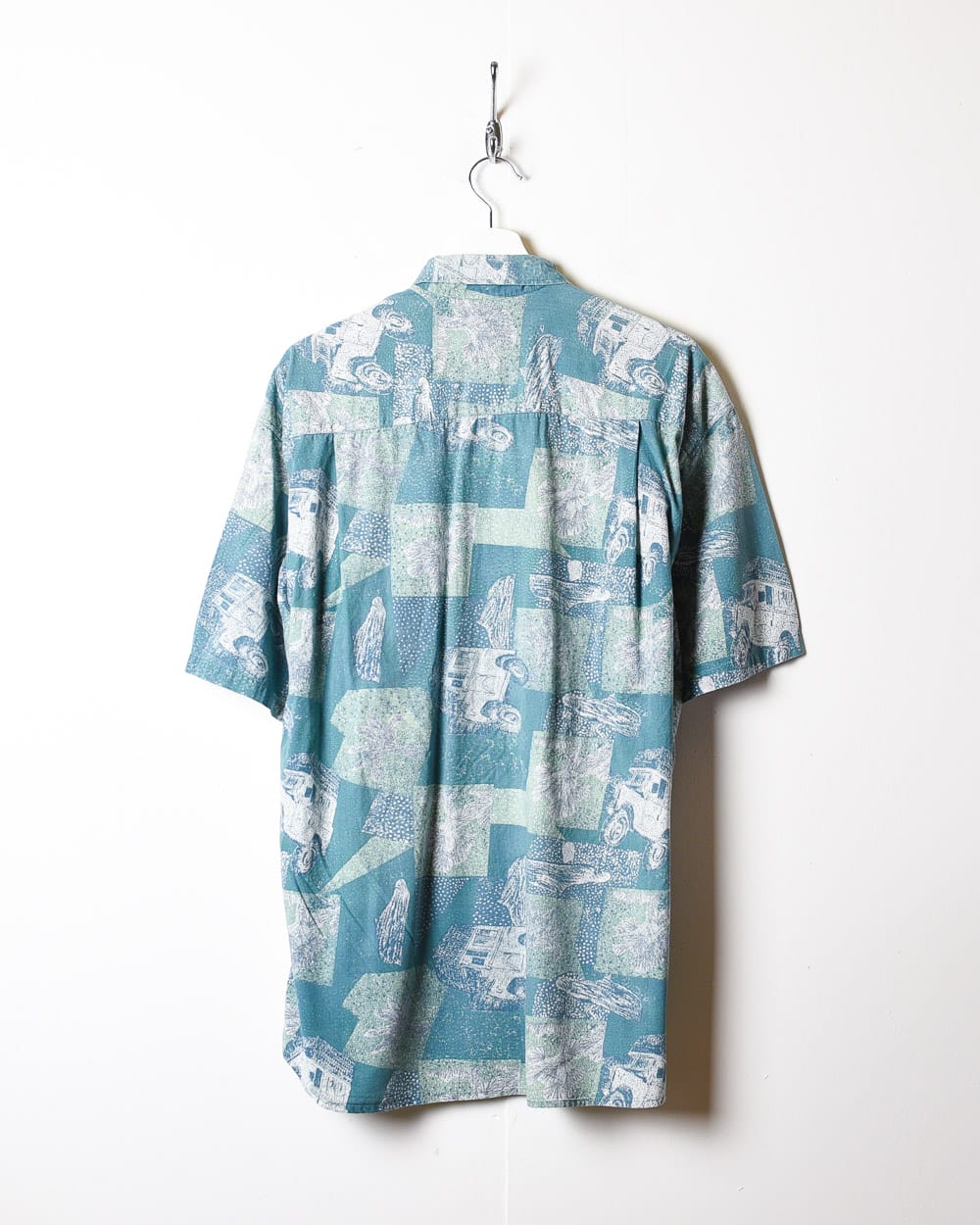 Blue Patterned All-Over Print Short Sleeved Shirt - Large