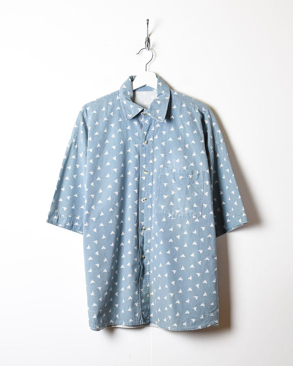 Blue Patterned All-Over Print Short Sleeved Shirt - X-Large