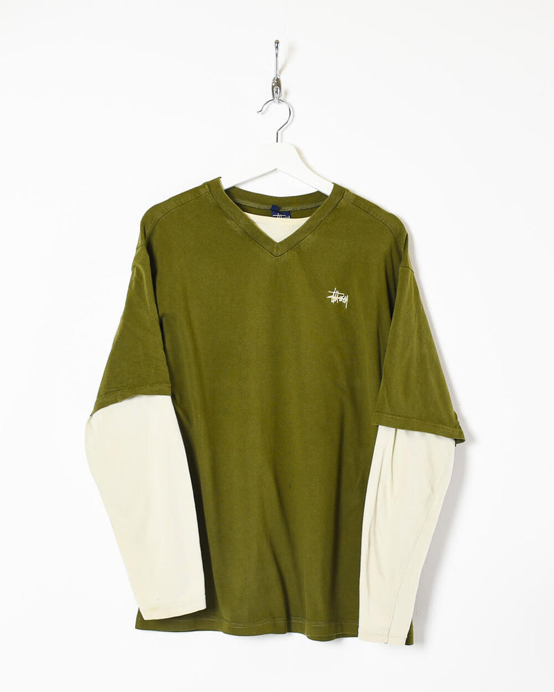 Vintage 90s Cotton Colour-Block Khaki Stussy Long Sleeved T-Shirt