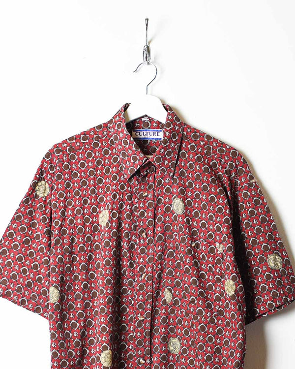 Red Patterned All-Over Print Short Sleeved Shirt - Large