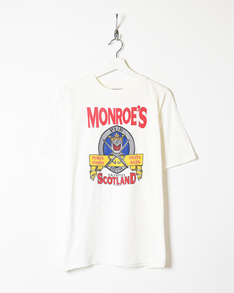 Vintage 90s Cotton White Oneita Monroes Pub Scotland T-Shirt
