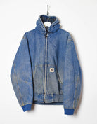 Blue Carhartt Flannel Lined Denim Workwear Hooded Detroit Jacket - Large