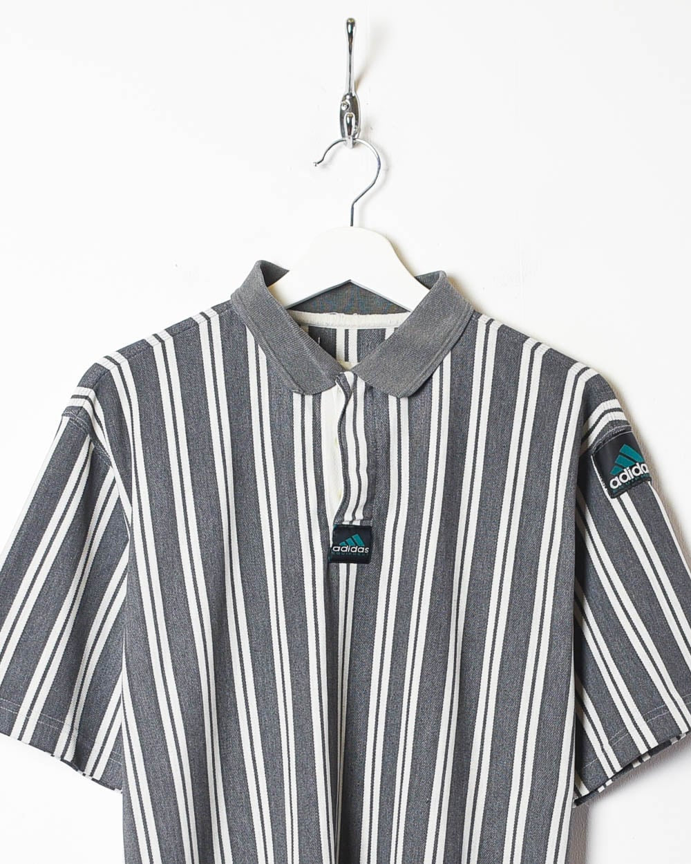 Grey Adidas Equipment Striped Polo Shirt - Medium