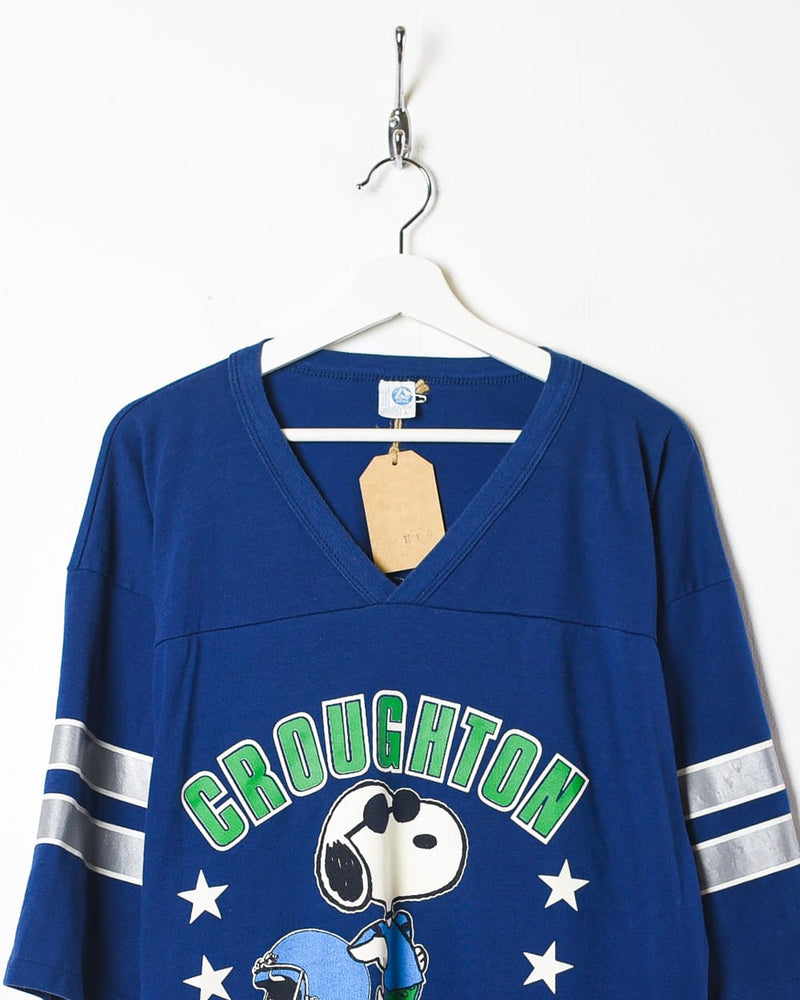 Vintage 70s Blue Artex 70s Croughton England Snoopy Graphic T
