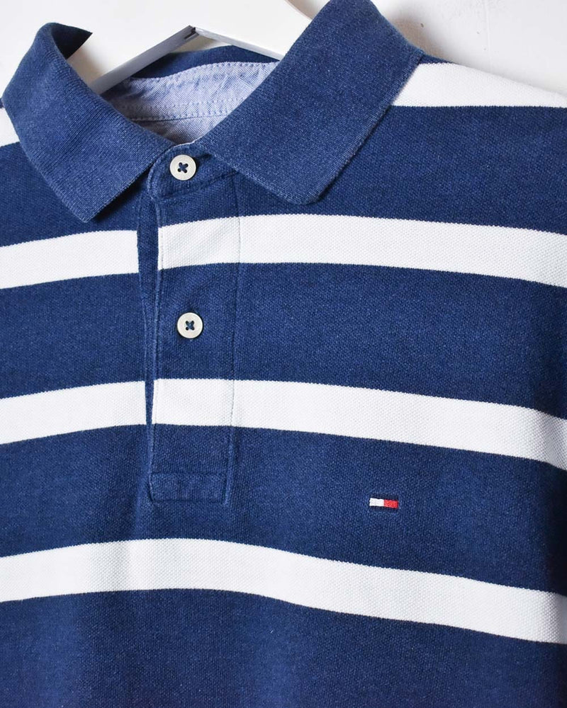 Navy Tommy Hilfiger Striped Long Sleeved Polo Shirt - Medium