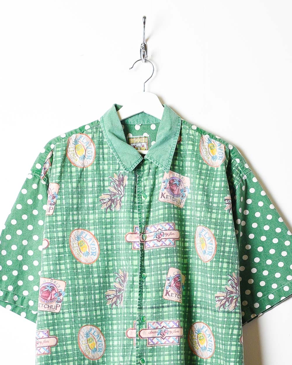 Green Polka Dot Checked All-Over Print Short Sleeved Shirt - Large