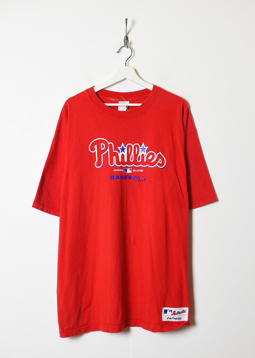 forræder Smil naturlig Vintage 00s Red Majestic MLB Phillies Authentic Collection T-Shirt -  X-Large Cotton– Domno Vintage