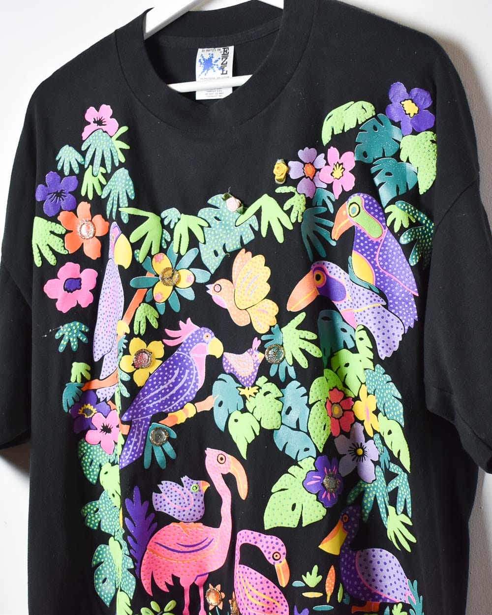 Black Embossed Floral Birds Single Stitch T-Shirt - XX-Large