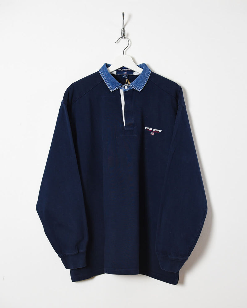 Vintage 90s Cotton Plain Navy Ralph Lauren Polo Sport Rugby Shirt