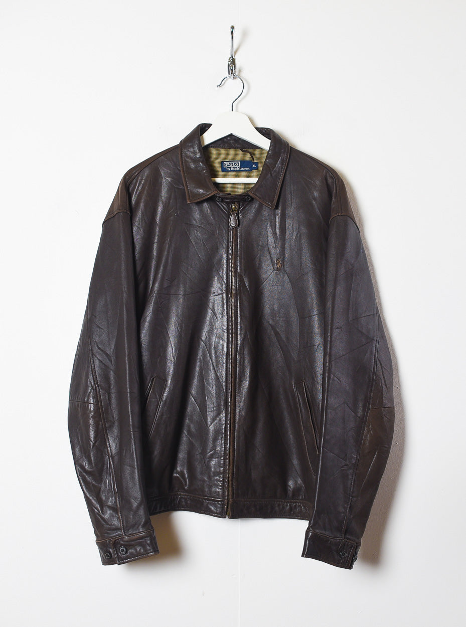 Vintage 90s Brown Polo Ralph Lauren Leather Harrington Jacket X Large Leather Domno Vintage